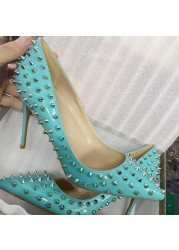 Yellow Color Rivets Women Pointed Toe Stiletto High Heels Size 33-45 Punk Rivets Slip On Sex Pumps