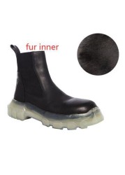 Black and street new thick sole cowhide handmade slip winter add fur inner transparent warm shoes