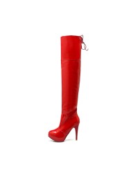 REAVE CAT 2021 Sexy Over the Knee Boots Patent Leather Velvet Round Toe Lace Up Zip Platform 11cm Thin Heel US12 White Red A4348