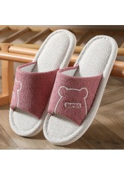 Women Indoor Linen Slippers Floor Couple Bedroom Shoes Ladies Summer Cute Cartoon Open Toes Non-slip Flip Flops Zapatillas Mujer