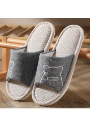 Women Indoor Linen Slippers Floor Couple Bedroom Shoes Ladies Summer Cute Cartoon Open Toes Non-slip Flip Flops Zapatillas Mujer