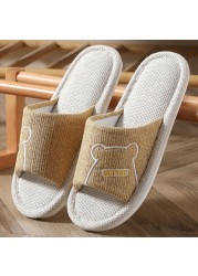 Women Indoor Linen Slippers Floor Couple Bedroom Shoes Ladies Summer Cute Cartoon Open Toes Non-slip Flip Flops Zapatillas Mujer