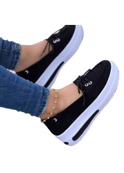 Women Sneakers Thick Bottom Female Vulcanized Sneakers Solid Color Flat Casual Walking Lace Up Casual Women Shoes