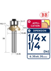 BB Corner Rounding Router Bit Concave Milling Cutter with Parallel Shank 1/2 1/4 Inch Woodworking Tool Round Edge Trimmer