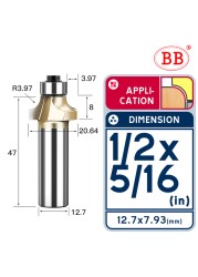 BB Corner Rounding Router Bit Concave Milling Cutter with Parallel Shank 1/2 1/4 Inch Woodworking Tool Round Edge Trimmer