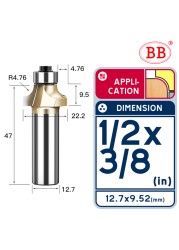 BB Corner Rounding Router Bit Concave Milling Cutter with Parallel Shank 1/2 1/4 Inch Woodworking Tool Round Edge Trimmer