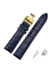 Genuine Leather Bracelet Dark Blue Watch Strap Butterfly Clasp Watchband Size In 16mm 18mm 20mm 21 22mm 23mm Watch Band