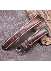 Retro Cowhide Watch Strap 20mm 22mm Red Brown Dark Coffee Half Arc Deformed Oil Wax Genuine Leather Strap Watchband Replacement Strap