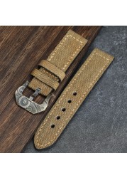 Handmade Canvas + Leather Watchband 20 22 24 26mm Compatible Bronze Strap Personalized Bronze Buckle