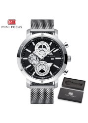 MINIFOCUS Fashion Men Sports Watches Top Sliver Deluxe Quartz Watches Men Mesh Strap Ultra-thin Waterproof Wristwatch Chronograph