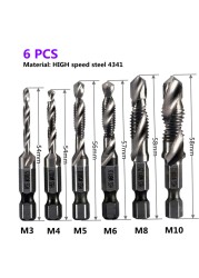 1-6pcs M3 M4 M5 M6 M8 M10 Tap Drill Bits 1/4 Hex Shank Machine Hand Taps Titanium Coated HSS Drill Tap Bits Threaded Screw Tools