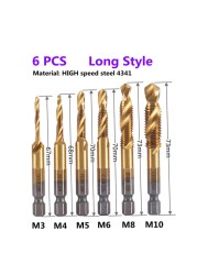 1-6pcs M3 M4 M5 M6 M8 M10 Tap Drill Bits 1/4 Hex Shank Machine Hand Taps Titanium Coated HSS Drill Tap Bits Threaded Screw Tools