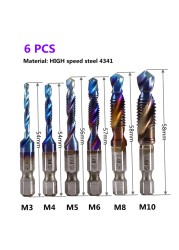 1-6pcs M3 M4 M5 M6 M8 M10 Tap Drill Bits 1/4 Hex Shank Machine Hand Taps Titanium Coated HSS Drill Tap Bits Threaded Screw Tools