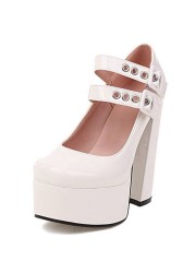 REAVE CAT Women Platform Pumps Square Toe Chunky Heels Buckle Shallow Straps Plus Size 35-41 Solid Black White Spring Party S3632