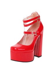 REAVE CAT Women Pumps Square Toe High Block Heels Buckle Straps Punk Plateform Big Size 35-41 Solid Red Black Sexy Spring S3626