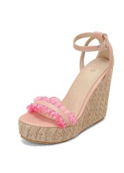 REAVE CAT 2022 Woman Sandals Esparddrilles Peep Toe Wedges Heel Lace Pleated Buckle Strap Big Size 30-48 Pink White Summer S3615