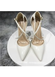 12cm Patent Women PU Cross Strap Stiletto Pumps Pointed Toe 10cm High Heel Ladies Elegant Chic Dress Shoes QP101 ROVICIYA