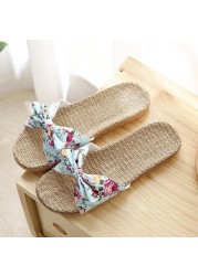 Summer Bowknot Linen Slippers Women Ladies Slippers Soft Bottom Silent Indoor Slippers Casual Slides Breathable Beach Shoes