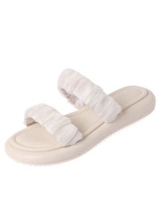 REAVE CAT 2022 Ladies Slippers Open Toe Thick Heels Satin Casual Rubber Sole EU Size 34-39 Solid White Black Concise Summer S3663