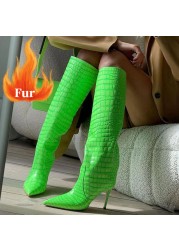 Size 34-43 Women Super Fiber Stone Pattern Knee High Boots Pointed Toe Thin Heel Slip On Party Club Winter Women's Girl Shoes