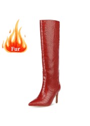 Size 34-43 Women Super Fiber Stone Pattern Knee High Boots Pointed Toe Thin Heel Slip On Party Club Winter Women's Girl Shoes