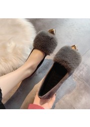 Shallow Mouth Women Autumn Fur Loafers Sneakers Female Plain Metal Pointed Toe Flats Women's Shoes