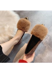 Shallow Mouth Women Autumn Fur Loafers Sneakers Female Plain Metal Pointed Toe Flats Women's Shoes