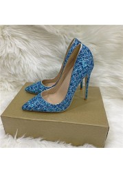 Spring new blue sequins pointed toe stiletto high heels work shoes party dress all-match large size fashion women's shoes