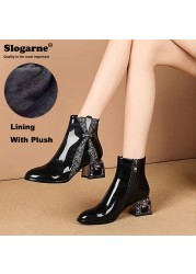 Women's shoes modern diamond high heels spring autumn patent leather waterproof female short ankle boots winter shoes party pump