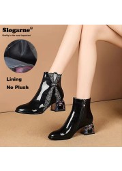 Women's shoes modern diamond high heels spring autumn patent leather waterproof female short ankle boots winter shoes party pump