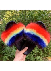 Fashion designer luxury ladies furry fur slippers colorful sandals rainbow shoes for women