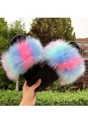 Fashion designer luxury ladies furry fur slippers colorful sandals rainbow shoes for women