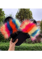 Fashion designer luxury ladies furry fur slippers colorful sandals rainbow shoes for women