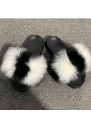 Fashion designer luxury ladies furry fur slippers colorful sandals rainbow shoes for women