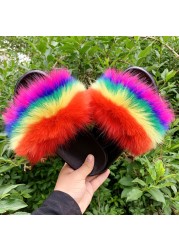 Fashion designer luxury ladies furry fur slippers colorful sandals rainbow shoes for women