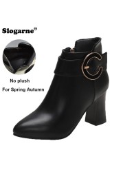 Women High Heels Short Boots Female Spring Autumn Ankle Boots Side Zippers Woman Soft Leather Shoes Waterproof Pumps Thick Heel