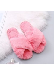 Fashion Women Cozy Fluffy Slippers Cozy Faux Fur Cross Indoor Floor Slides Flat Soft Furry Ladies Female Celebrity Flip Flops