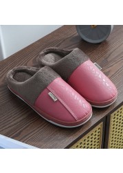 Couples Women Men Winter Slippers Home Cotton Shoes For Lovers Men Indoor Slippers Plush Warm Indoor PU Leather Waterproof Unisex