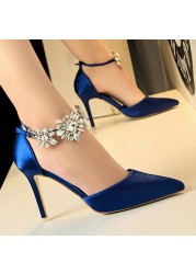 BIGTREE Shoes Women Rhinestone High Heels Woman Pumps Stiletto Silk Satin Women Heels Shoes Ladies Wedding Shoes Women Sandals