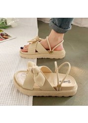 2021 new lady sandals summer fairy style fashion student thick-soled roman flat shoes indoor slippers slides butterfly knot