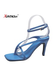 New Fashion Narrow Band Gladiator Sandals Women Thin High Heels Elegant Pumps Square Toe Ankle Buckle Strap Party Shoes