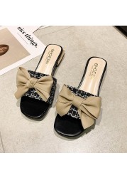 Fairy Silk bow-knot plaid fabric slippers women sandals summer lattices modern shoes woman flip flops metal heels slides femme