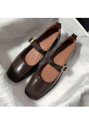 Rimocy Vintage Brown Low Heel Mary Jane Shoes for Women Spring Autumn Patent Leather Shoes Woman Square Toe Buckle Strap Pumps