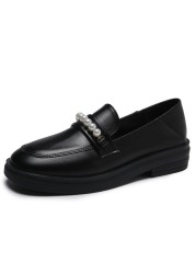 lucifer pearl pu leather loafers shoes for women buckle slip on platform flats woman 2022 spring black round toe office shoes