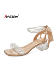 Mid-heel pearl strap sandals women's thick heel 2022 summer transparent one word with crystal high heels