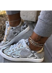 2021 Autumn Star Snake Print Lace-up Casual Flat Shoes Round Toe Simple Sneakers Women New Fashion Walking Viscose Sneakers