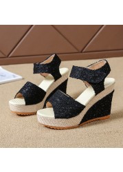 Women Sandals New Summer Fashion Lace Hollow Gladiator Wedges Shoes Woman Slides Peep Toe Hook & Loop Solid Lady Casual