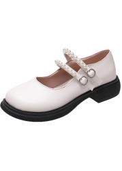 Lucyever 2022 Spring Double Buckle Mary Janes Women Pearls Strap Low Heels Casual Shoes Woman Pu Leather Students Shoes Mujer