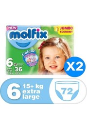 Molfix Extra Large Baby Diapers (Size 6), Above 15 kg, 36 Count x 2 packs (72 diapers)