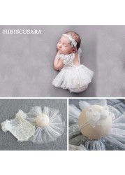 Newborn Baby Photography Clothes Fairy Lace Dress Pearl Beading Romper Skirt Headband 3pcs Sets Infant Girl Princess Outfis